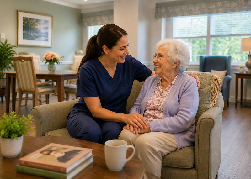 Caring staff with resident at The Waters of Chesterfield